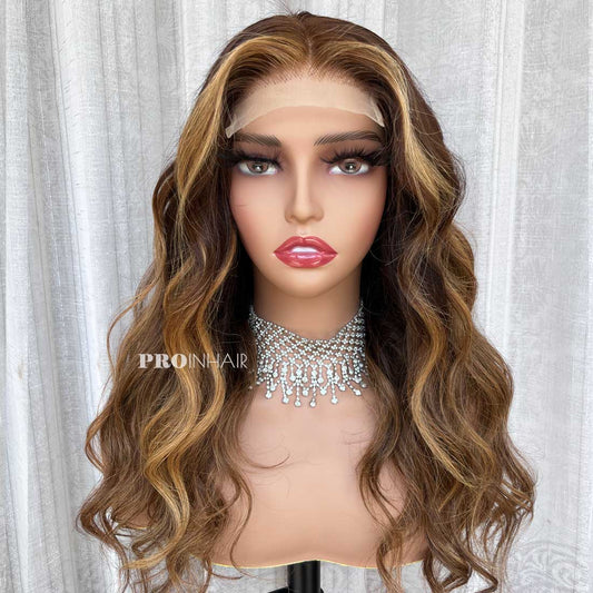 Flash Sale 5X5 Closure 18in Sexy Wavy Brown Highlights 180% Density Lace Wig