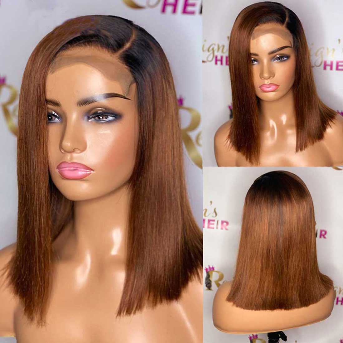 Amber Ombré Marrom Sedoso Liso Blunt Bob HD Peruca Renda Descolorida Nós Sem cola Cabelo Humano