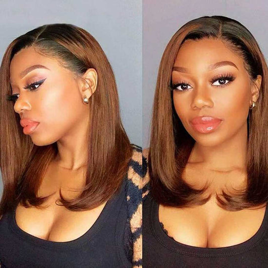 Amber Ombre Brown Silky Straight Blunt Bob HD Lace Wig Bleached Knots Glueless Human Hair