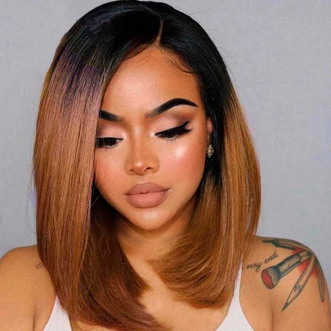 Amber Ombre Brown Silky Straight Blunt Bob HD Lace Wig Bleached Knots Glueless Human Hair