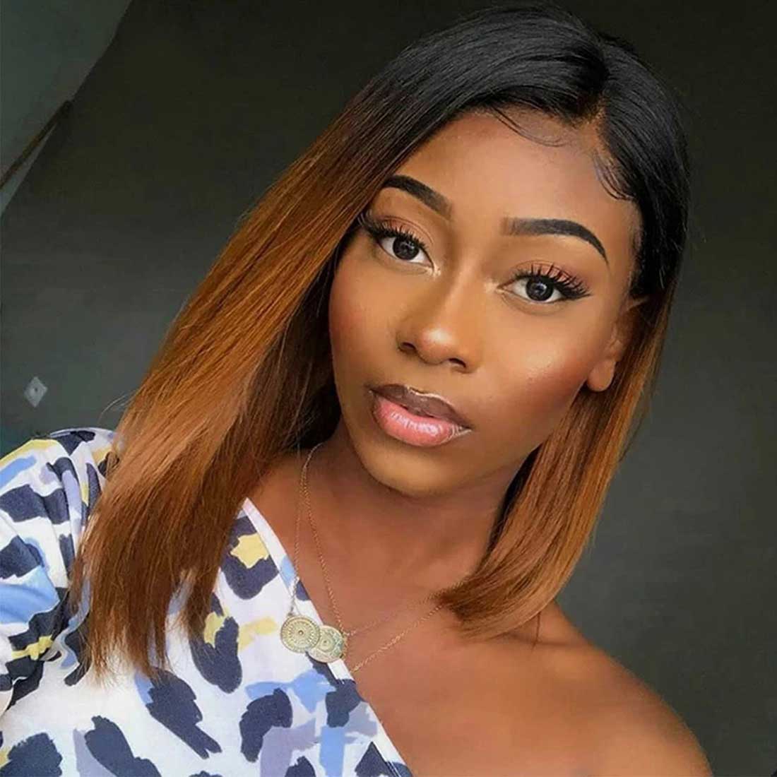 Amber Ombre Brown Silky Straight Blunt Bob HD Lace Wig Bleached Knots Glueless Human Hair