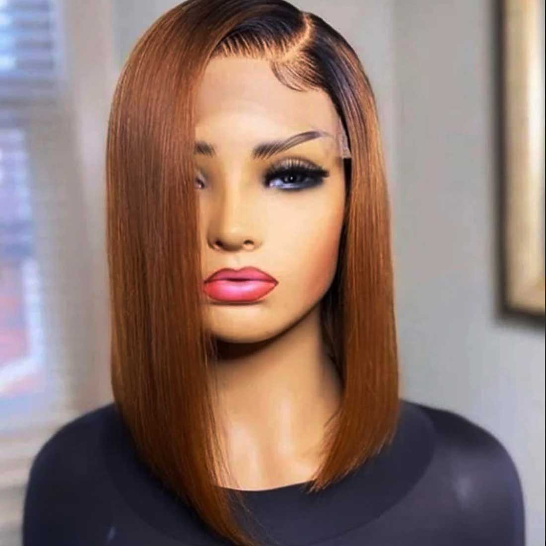 Amber Ombre Brown Silky Straight Blunt Bob HD Lace Wig Bleached Knots Glueless Human Hair