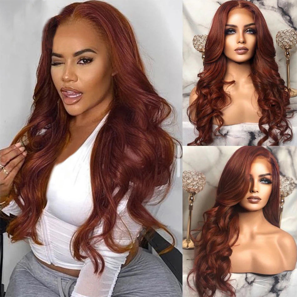 Amani Reddish Brown Lace Wig Sexy Wavy Human Hair Wigs Pre Plucked Hairline