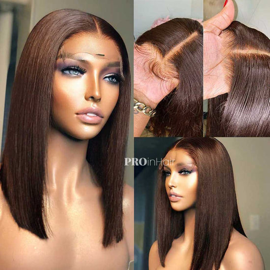 Bid Glueless HD Bob Lace Wig Brown Straight Lace Front Wig Bleached Knots With Pre Plucked Hairline