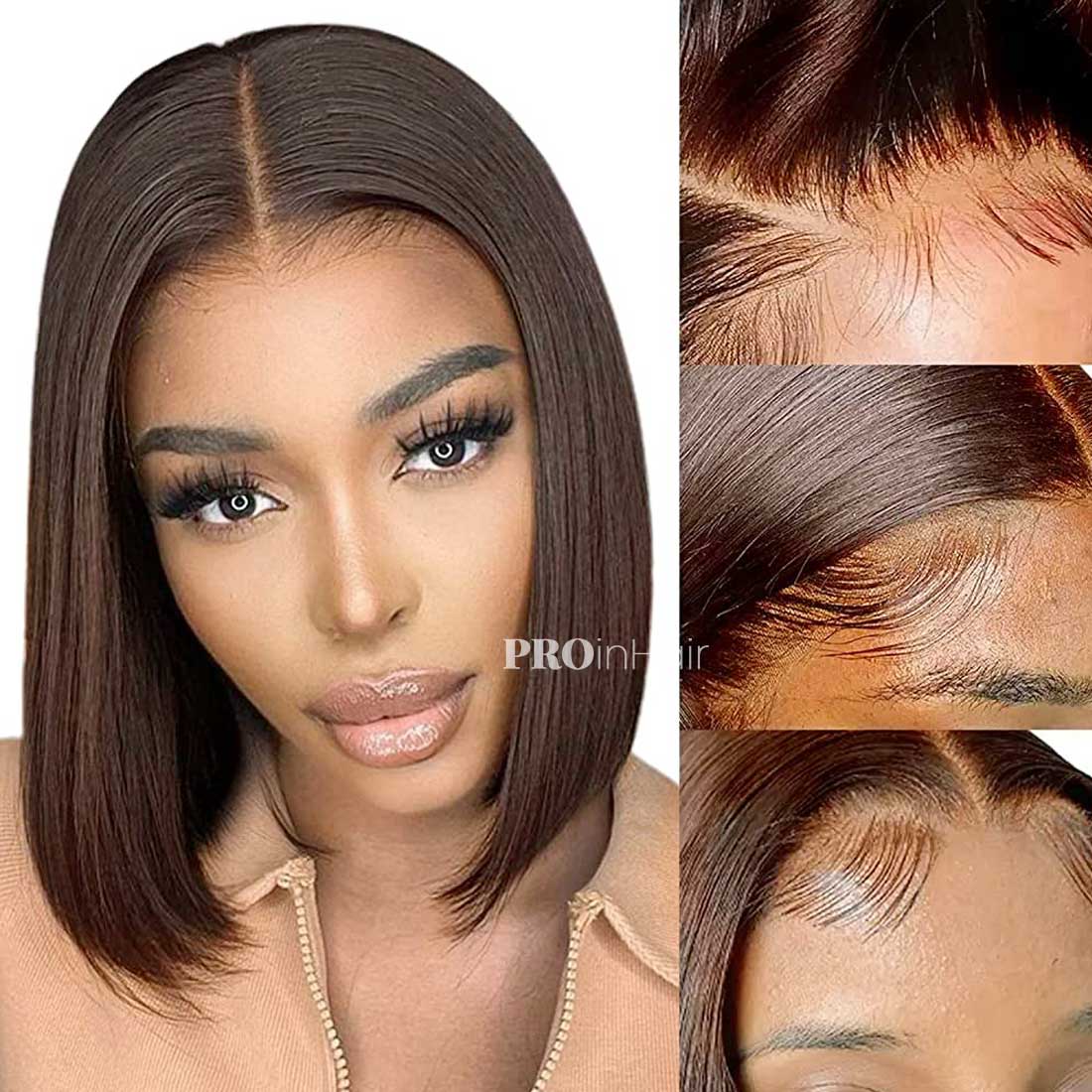 Bid sem cola HD Bob Lace Wig Marrom Liso Lace Front Wig Descolorido Nós com linha fina pré-arrancada