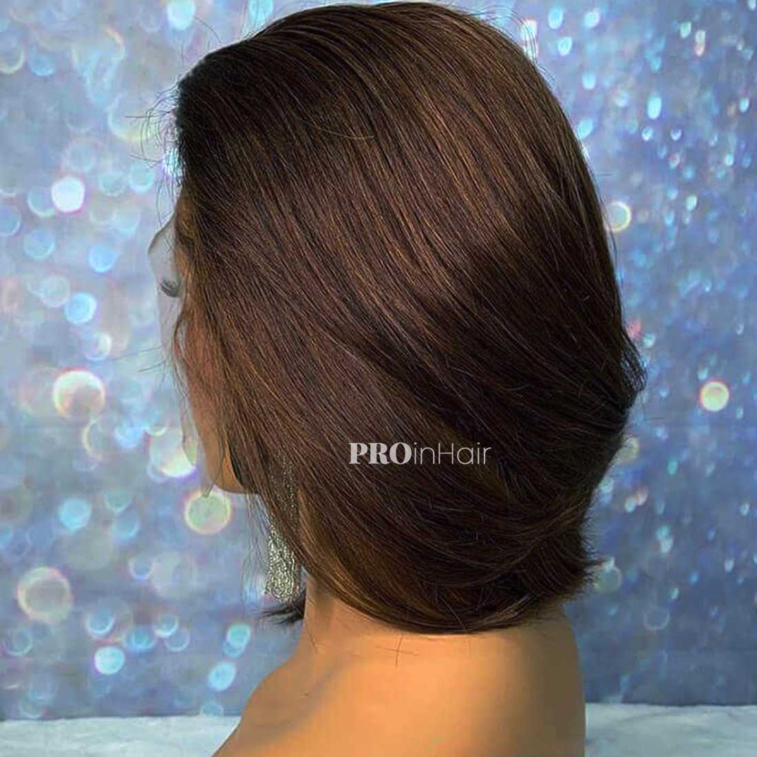 Bid Glueless HD Bob Lace Wig Brown Straight Lace Front Wig Bleached Knots With Pre Plucked Hairline