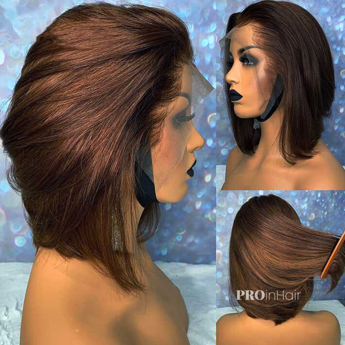 Bid Glueless HD Bob Lace Wig Brown Straight Lace Front Wig Bleached Knots With Pre Plucked Hairline