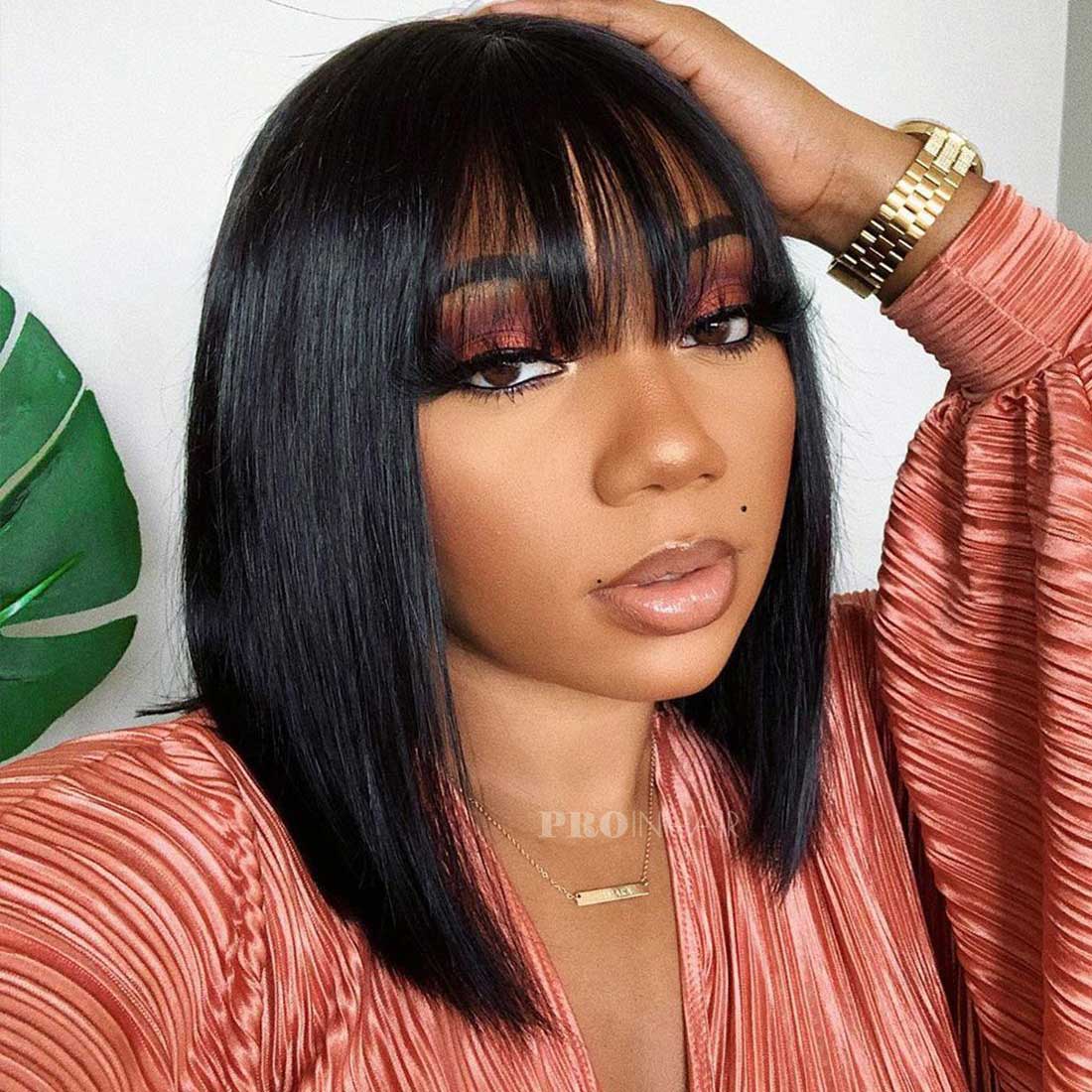 Cecily Afforable Bangs Wig Bob Virgin Human Hair Lace Front Wig Beginner Friendly