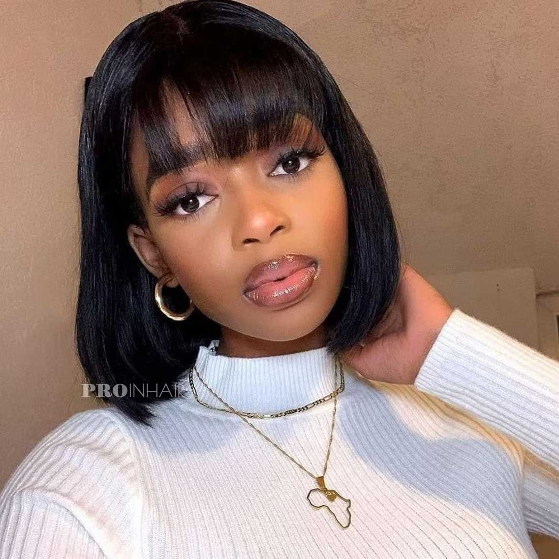 Cecily Afforable Bangs Wig Bob Virgin Human Hair Lace Front Wig Beginner Friendly