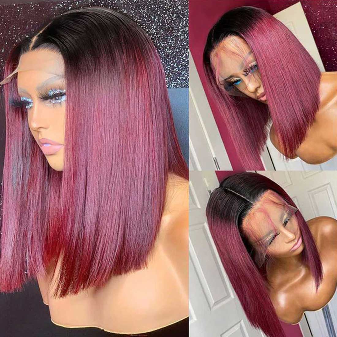 Flora Ombre Burgundy 99J Silky Straight Classic Bob HD Lace Wig Affordable Glueless Lace Wig