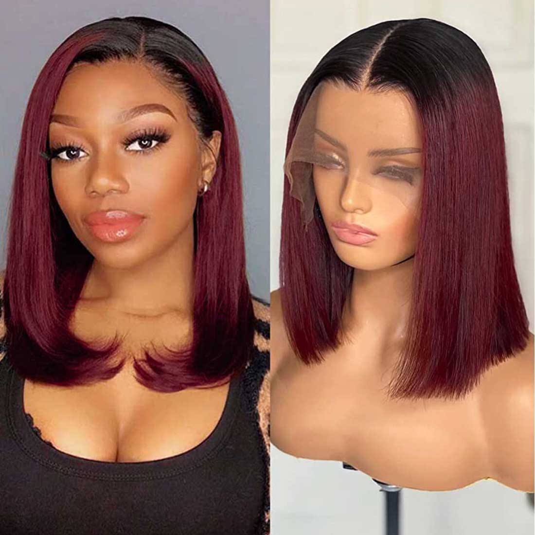 Flora Ombre Burgundy 99J Silky Straight Classic Bob HD Lace Wig Affordable Glueless Lace Wig