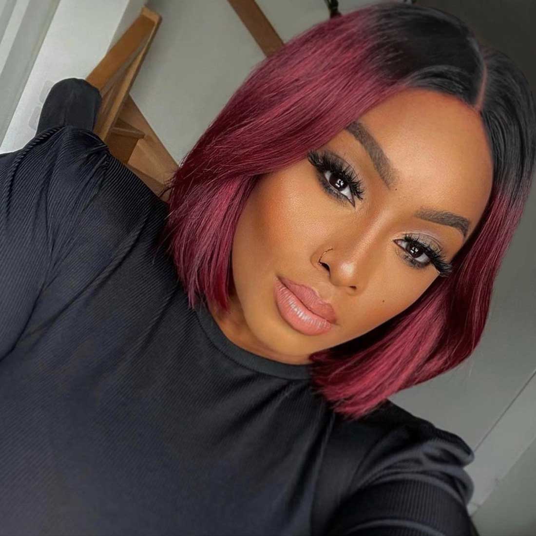 Flora Ombre Burgundy 99J Silky Straight Classic Bob HD Lace Wig Affordable Glueless Lace Wig