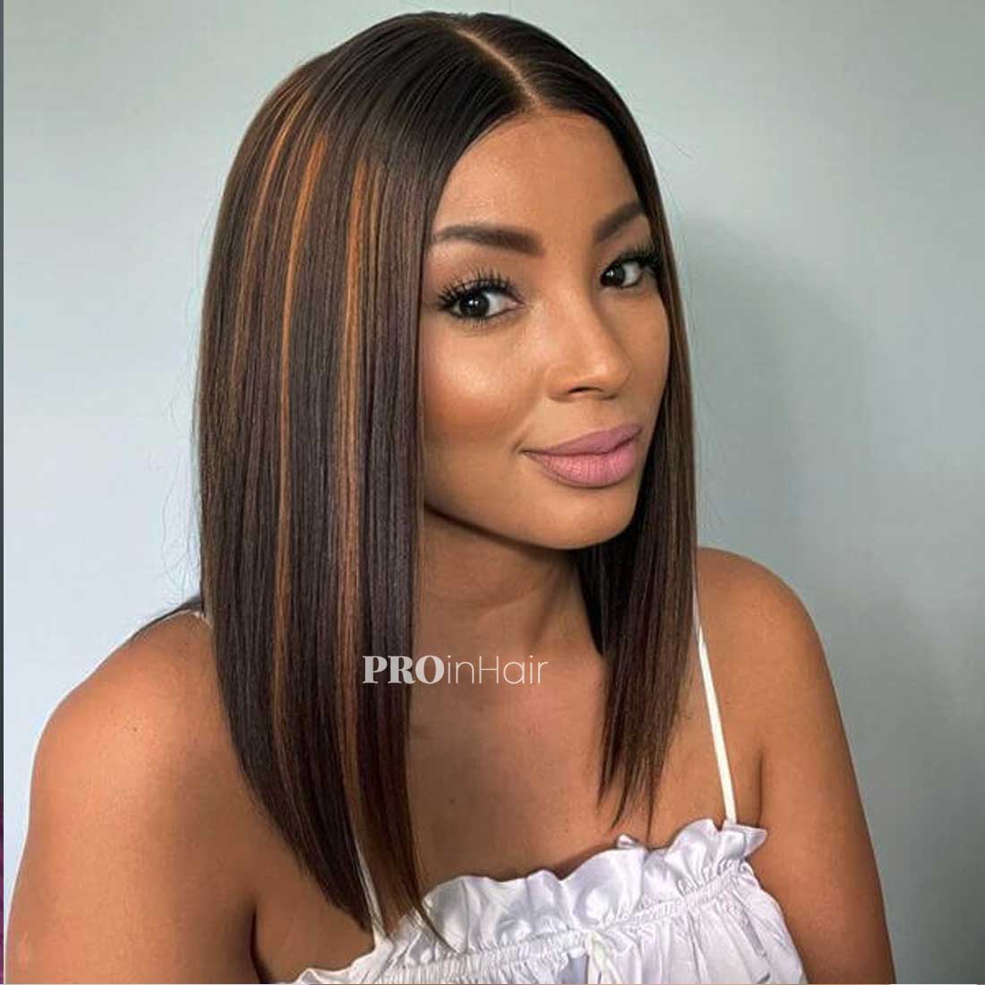 June Affordable Super Thin HD Lace Brown Highlights Silky Straight Bob Lace Wig Bleached Knots