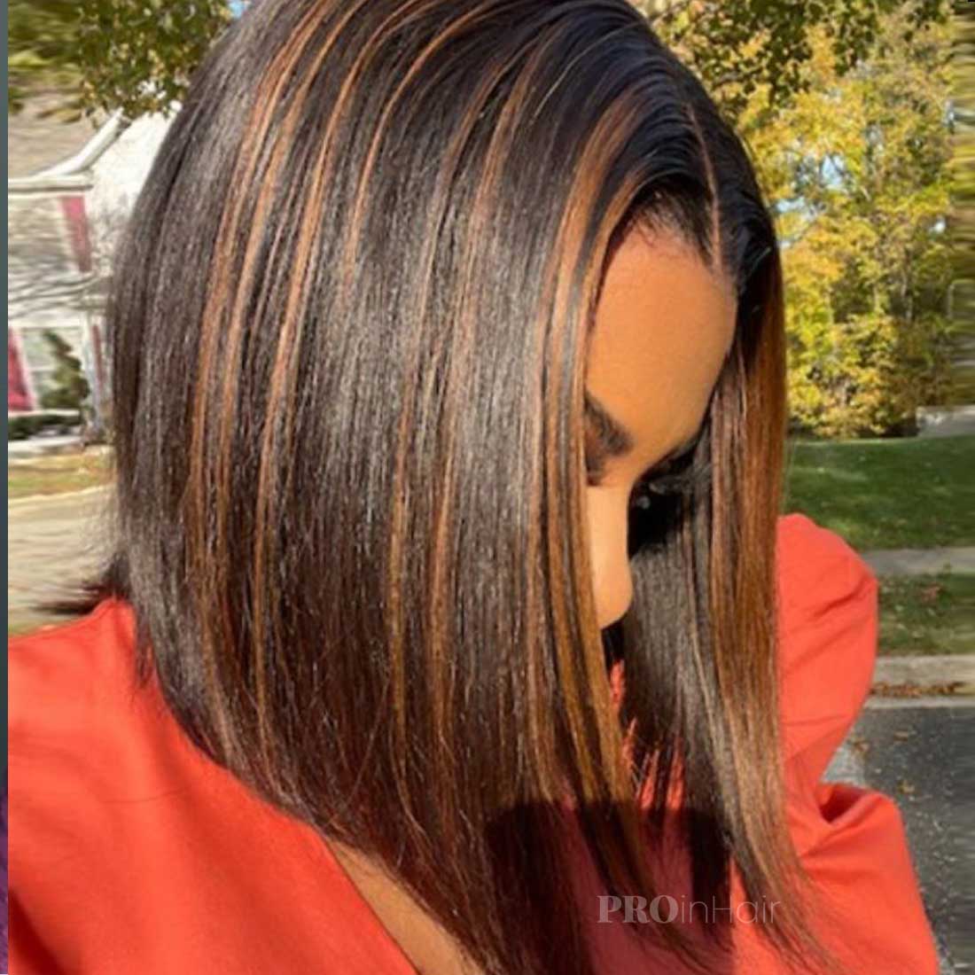 June Affordable Super Thin HD Lace Brown Highlights Silky Straight Bob Lace Wig Bleached Knots