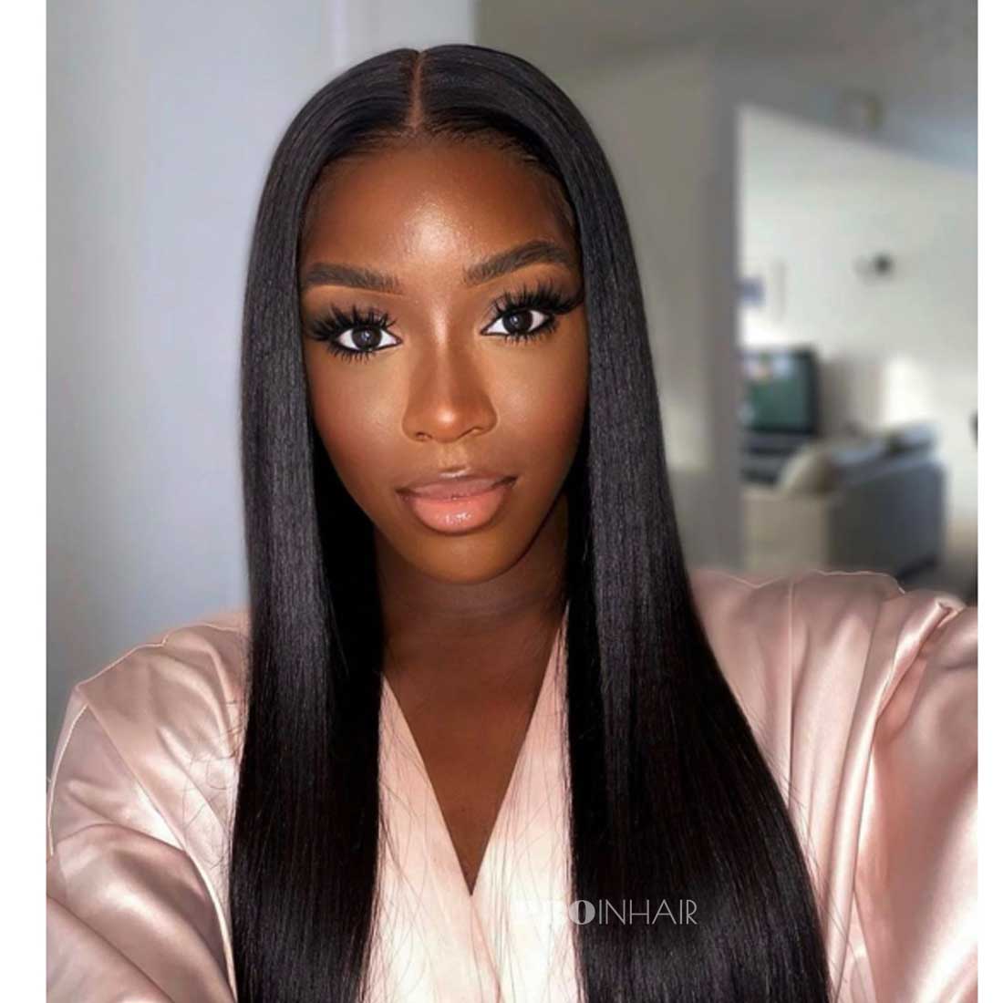 Mae 5X5 Closure Wig African American Relaxed Yaki Straight Clean Descolorido Nós Peruca HD