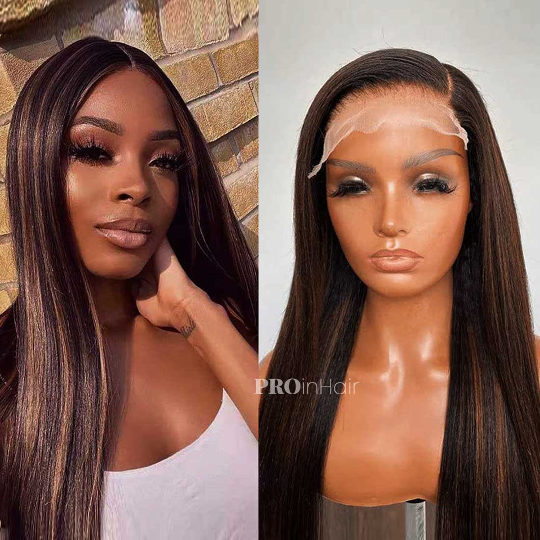 Mandy Glueless Silky Straight Brown Highlights HD Wig Virgin Human Hair Super Fine HD lace wig