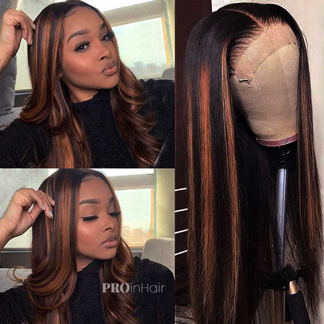 Mandy Glueless Silky Straight Brown Highlights HD Peruca Cabelo Humano Virgem Super Fina HD peruca de renda