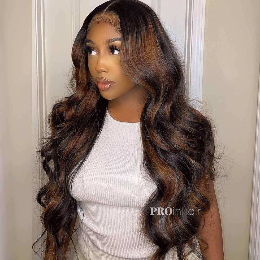 Mandy Glueless Silky Straight Brown Highlights HD Wig Virgin Human Hair Super Fine HD lace wig