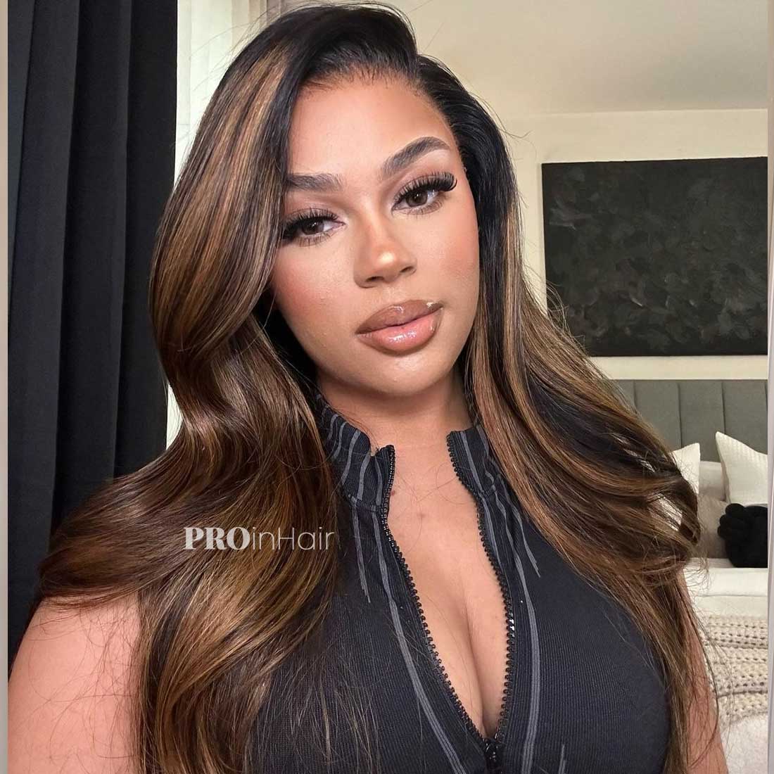 Mandy Glueless Silky Straight Brown Highlights HD Wig Virgin Human Hair Super Fine HD lace wig