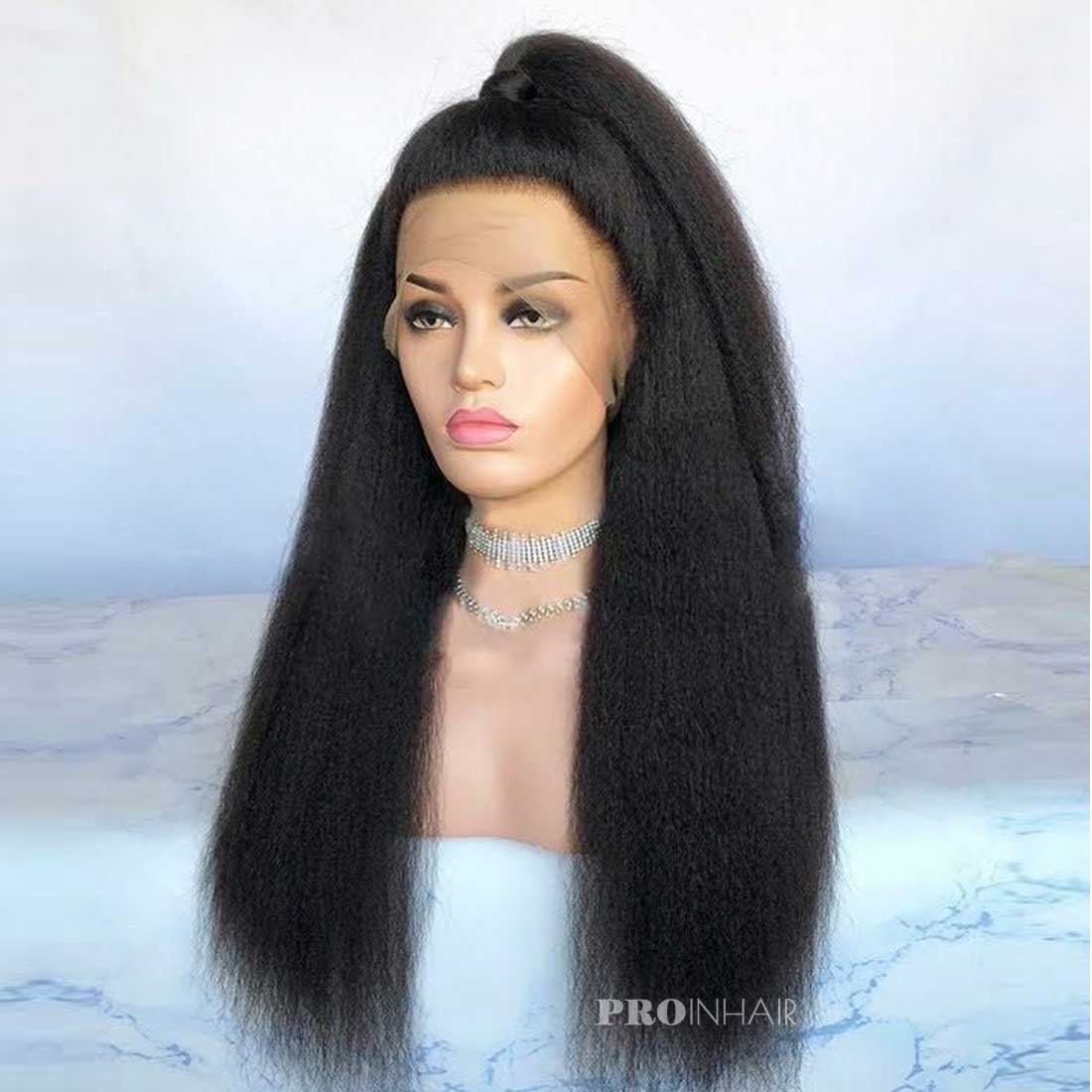 Myrna sem cola Suíço Transparente/Branco Renda Kinky Reta Renda Frontal Peruca Cabelo Humano Virgem