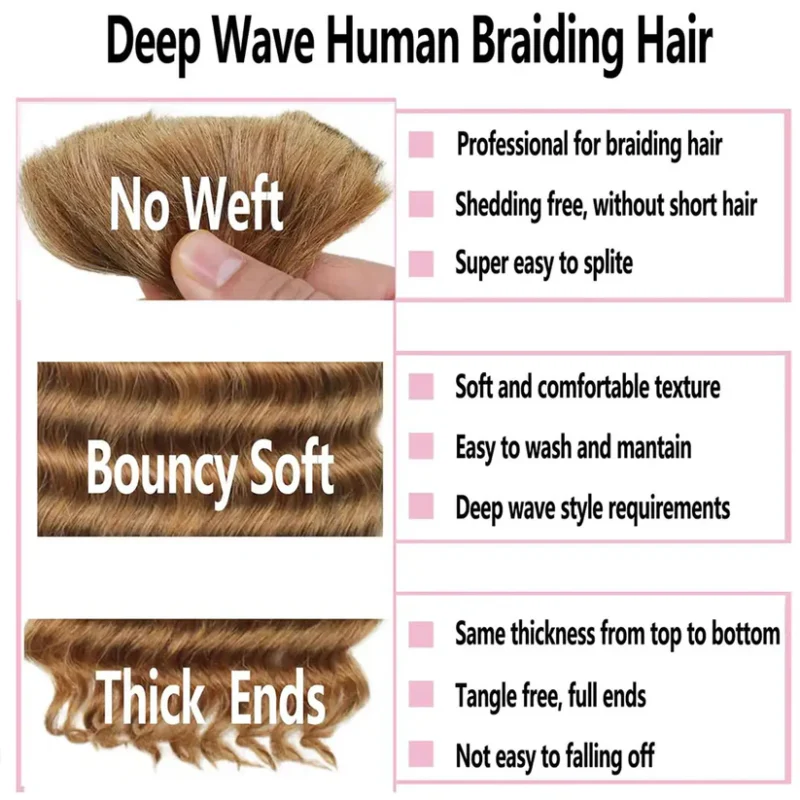#27 Deep Wave DIY BOHO Braids Human Hair Bulk Double Drawn Full To End Top Quality - Image 3